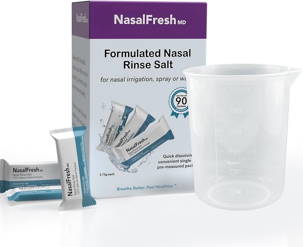 NASALFRESH MD - Saline Packets - Hurtigoppløselig - Enkeltbruk - Førmålt - Nasal Irrigation - Individuelt innpakket (3.75g/1.3oz) - 90 grevepåfyllingspakker - 300mm Cup