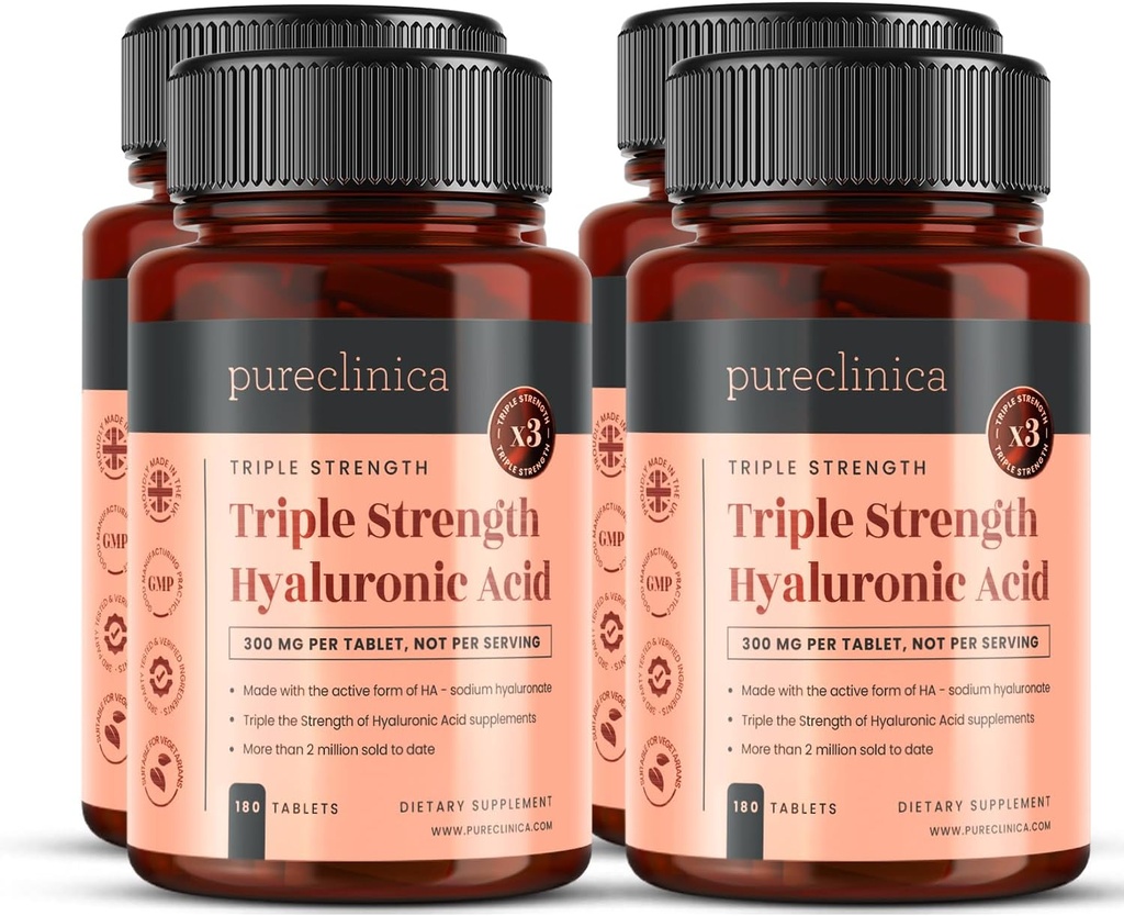 pureclinica trippel styrke hyaluronsyre 300mg x 720 tabletter (4 flasker av 180) - 2 års forsyning