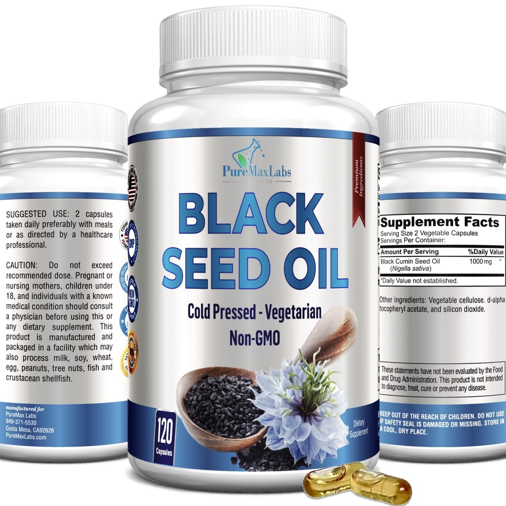 Kaldpresset svart frøolje - 120 kapsler, Premium Nigella Sativa ren svart cuminfrøolje med vitamin E, for hår, hud og immun helse - Ikke-GMO 120 kapsler