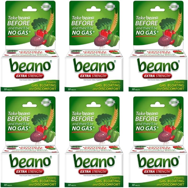 Beano ekstra styrke, Digestive enzyme Supplement, forhindrer gass, utblåsing og discomfort (Packing May Vary) 30 telle hver (Pack of 6)