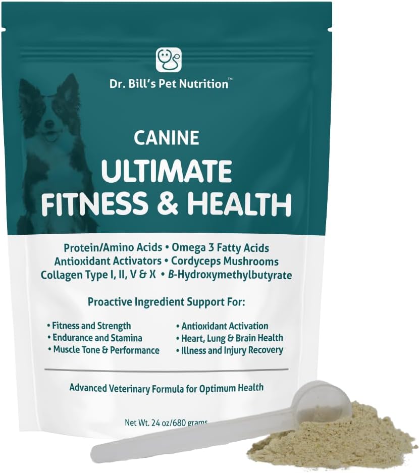 Dr. Bills Canine Ultimate Fitness & Helse Vitaminer for hunder | Multivitamin for hunder w/Coenzym Q-10, vitamin E, vitamin D-3, Biotin, Folsyre, Hyaluronsyre Hunde vitaminer og kosttilskudd 680g