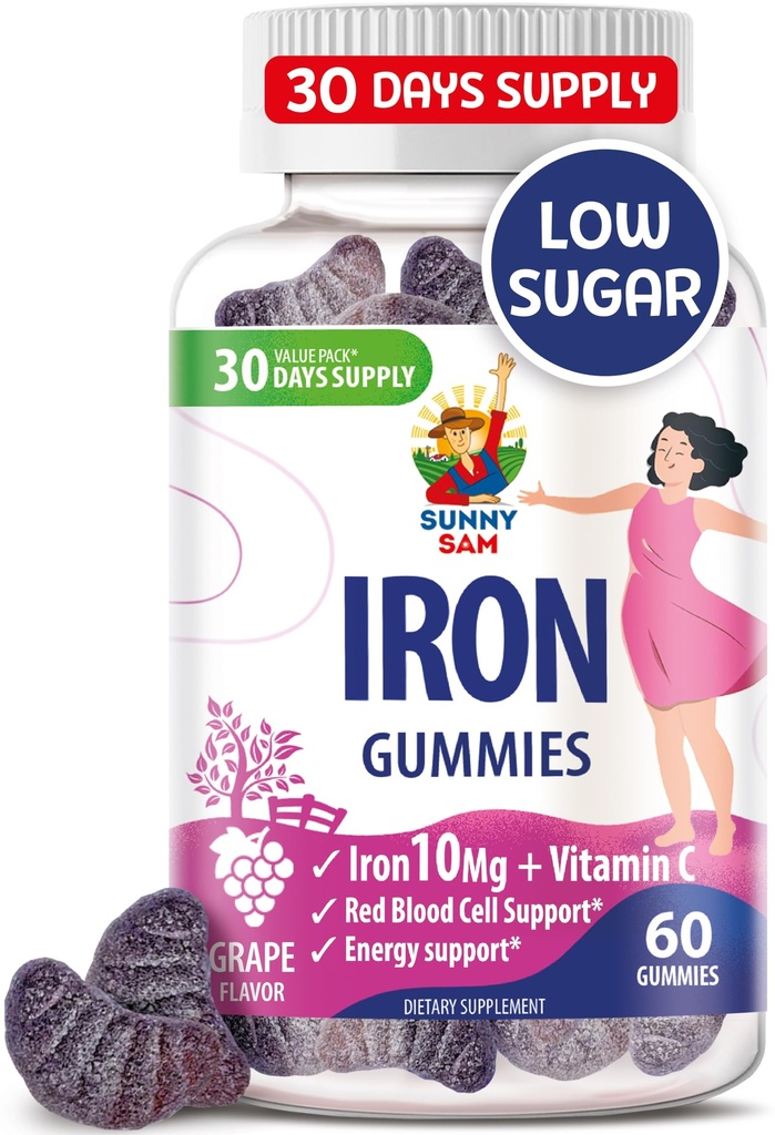 SUNNY SAM Iron Gummies for barn og voksne - jern vitaminer med vitamin C, 10 mg per servering - Chewable frukt gummy for immun støtte rødt blodcelle produksjon