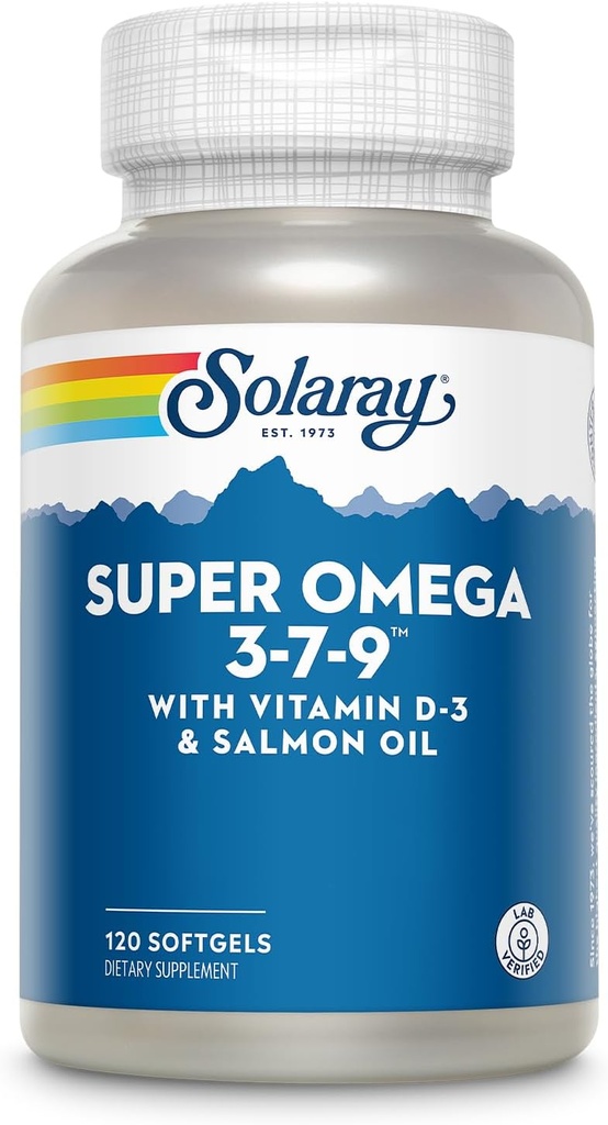 SOLARAY Super Omega 3 7 9 støtter sunn hud, mer EPA, DHA, essensielle fettsyrer fra Fish Oil Mini Softgel, 120ct