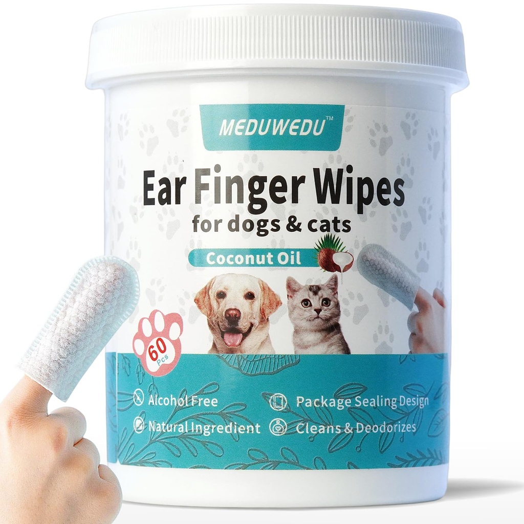 Ear Cleaner Finger Tørke 60 greve, Hunde ørerenser, Grooming Kit Care for hunder og katter, Mykt og lett otic rengjøring pads, Fjern Wax, Dirt & Stop Lukt, Kylling, Ikke-irriterende, Kokos Sent