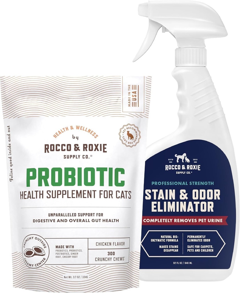 Rocco & Roxie Cat Probiotiske Kosttilskudd & Stain & Odor Eliminator Bundle