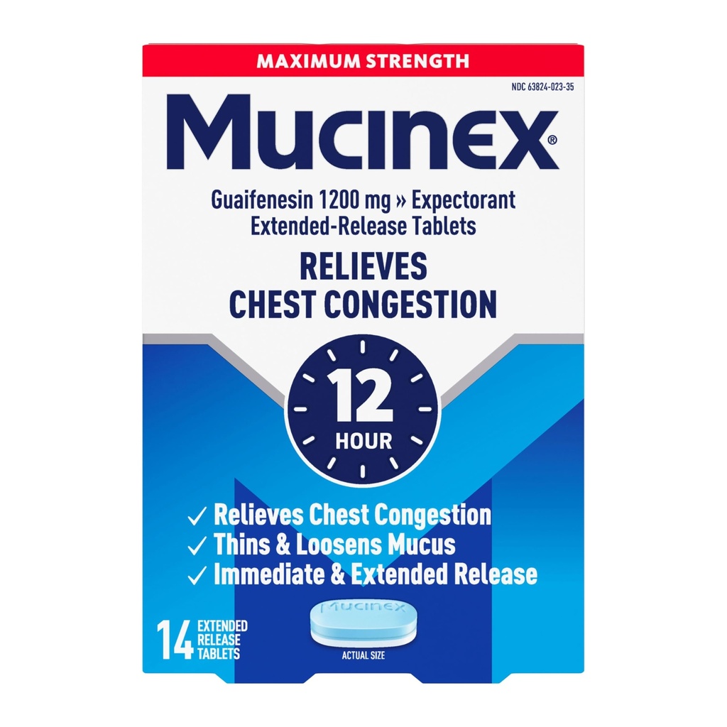 Mucinex brystbelegg, maksimal styrke 12 timer utvidet frigjøringstabletter, 14ct, 1200 mg Guaifenesin med utvidet relief av brystbelegg forårsaket av overflødig Mucus, Thins og løsner Mucus