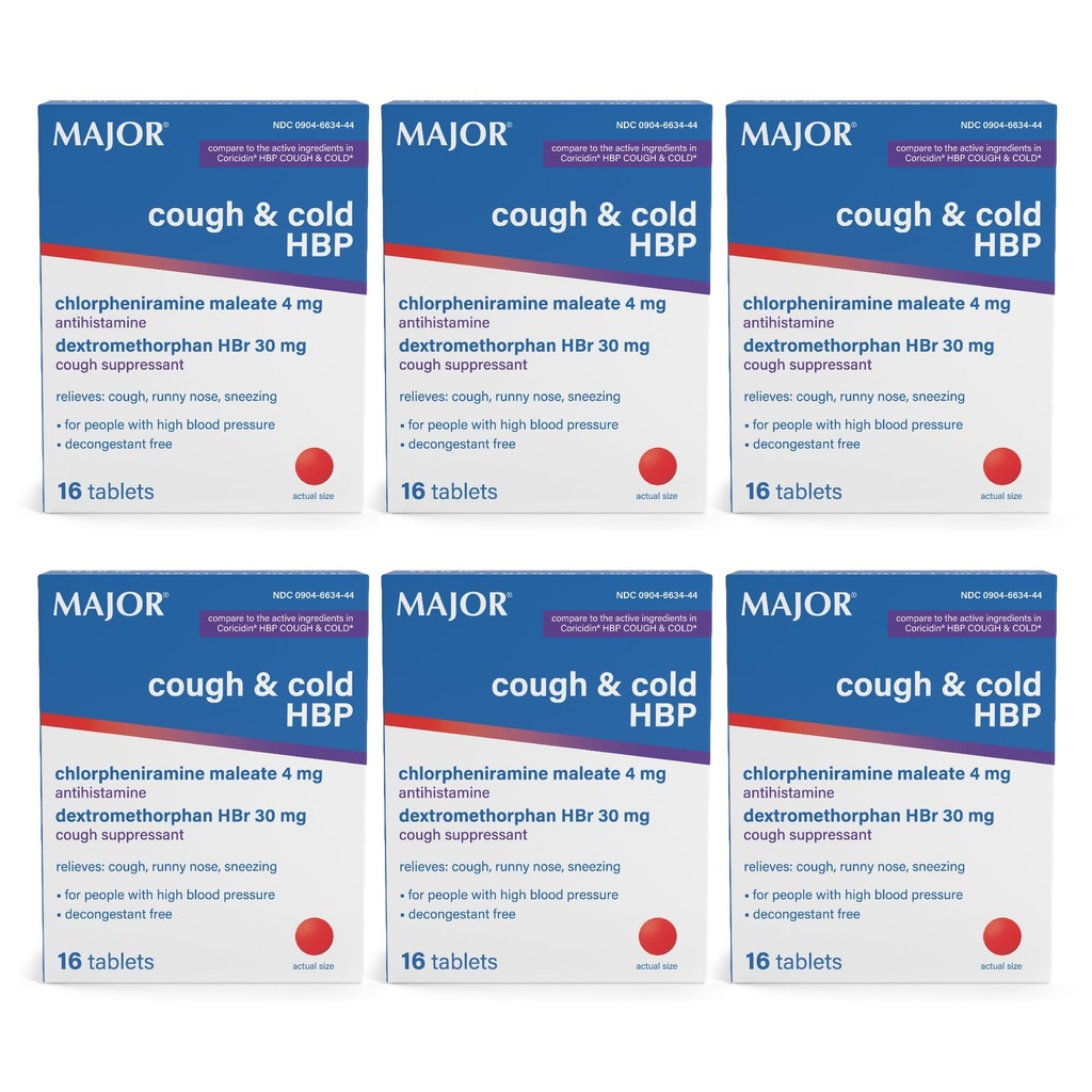 MAJOR Cough og kalde HBP-tabletter - Antihistamin og Cough Suppressant for personer med høyt blodtrykk - Dextromethorphan HBr, klorfeniramin maleat - 16 Count (6 Pack)
