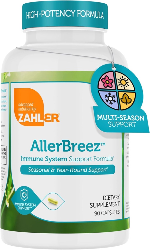 Zahler AllerBreez immunsystem støtte formel med vitamin C, Quercetin, vitamin B5, MSM & Stinging Nettle - Seasonal & Year-Round Immune Support Supplement, Dhist Allergy Supplement (180 kapsler)