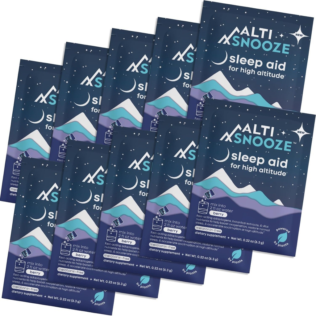 Søvnhjelp + Høyde Sykdomsforebygging & Hydrasjon | Oxygen-Boosting Formula med Cordyceps, Holy Basil, Magnesium & Electrolytes | Hodepine, tretthet, tretthet Relief, Jet Lag, Ski Trip | 10 Pack