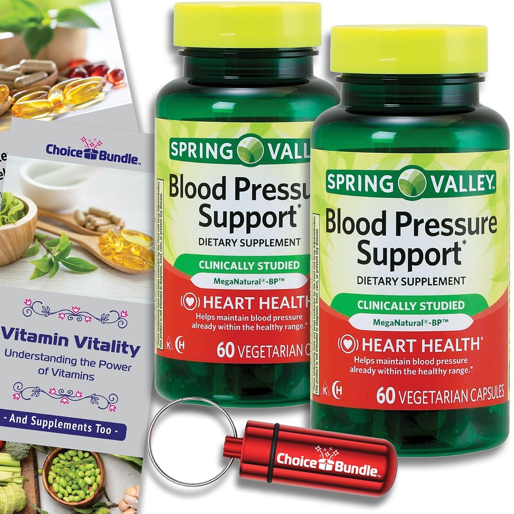 Valg Bundle Spring Valley Blodtrykksstøtte Vegetariske kapsler 60 Ct 2 pk (120 Totalt) + Vitamin Guide & Pill Container (4 elementer)!