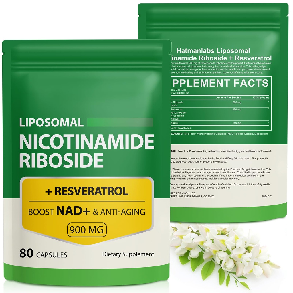 NAD Supplement med Nicotinamid Riboside - Resveratrol,Liposomal Nikotinamid Riboside,Quercetin - høy renhet NAD Supplement for anti-aldring, fokus, energi 160 kapsler (2 pose)