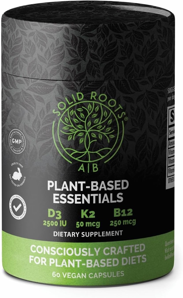 SOLID ROOTS Vegansk vitamin D3 + K2 + B12 for bein, hjerte, hud, tannplantebaserte multivitamin Essentials