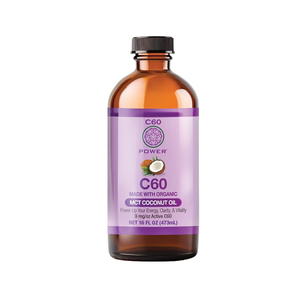 C60 Purple Power Organic MCT Coconut Oil, økologisk kaldpresset kokosolje, 99.99% ren C60 Carbon Fullerener (16 oz)