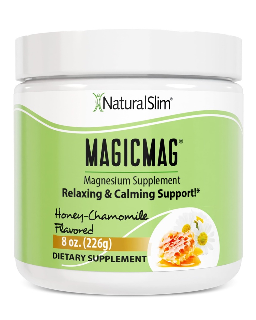 NaturalSlim Magicmag Pure Magnesium Citrat pulver Stress, stomatisering, muskel, hjertehelse og søvn støtte | Honning Kamille Magnesium Supplement - 8oz Drink Mix (Solo)