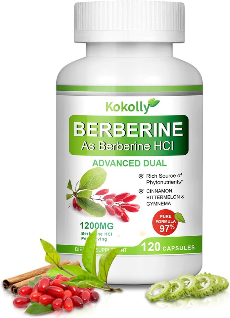 Berberin Supplement 1200mg -Naturlig plante-basert med Berberine HCL,Cinnamon, Bittermelon, Gymnema(120 kapsler)