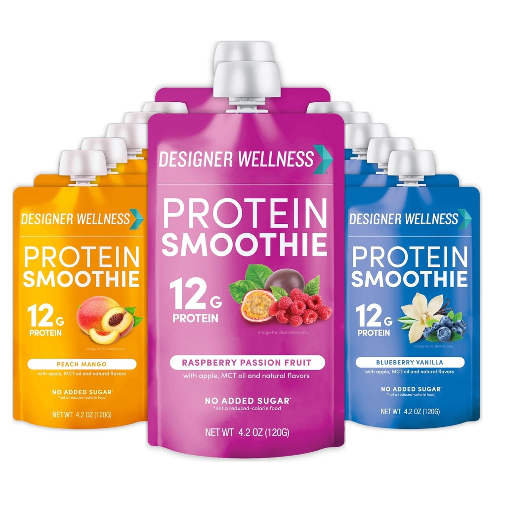 Designer wellness protein smoothie, ekte frukt, 12g protein, lav carb, null tilsatt sukker, glutenfri, ikke-GMO, ingen kunstige farger eller flavors, super frukter variety pakke, 12 greve