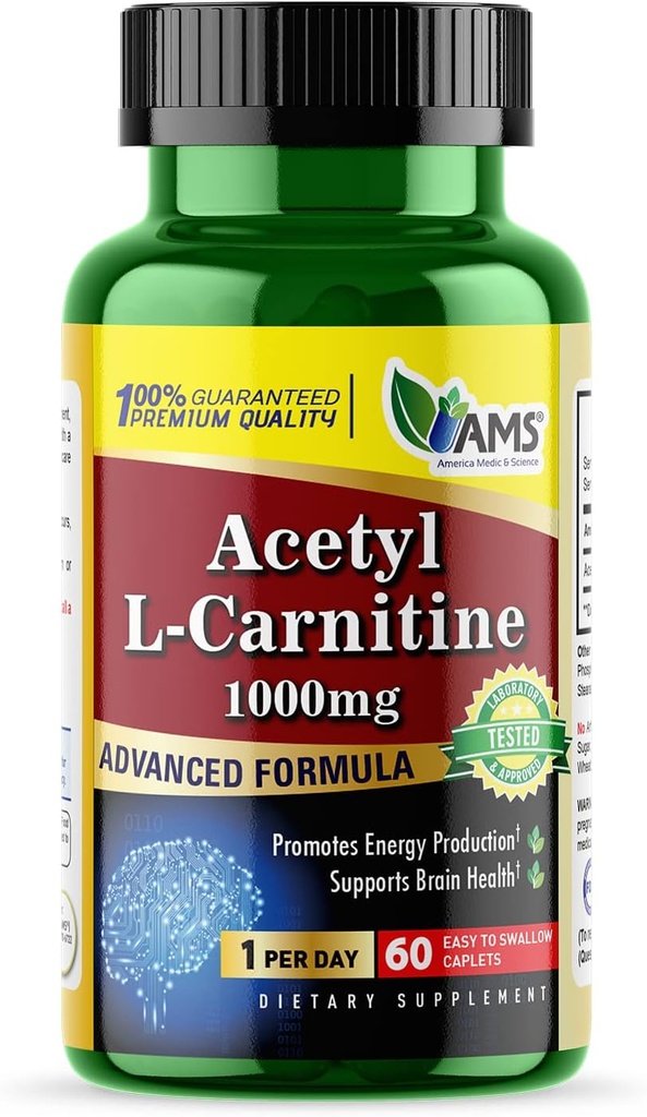 America Medic & Science Acetyl L-Carnitine 1000mg (60 tabletter) | Kosttilskudd for menn og kvinner | Fremmer energiproduksjon | Støtter hjernens helse |