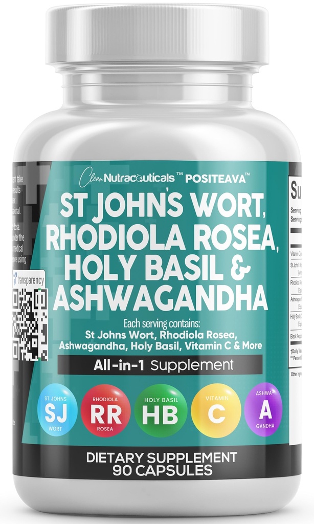 Rent Nutraceuticals St Johns Wort Rhodiola Rosea Holy Basil Ashwagandha - Mood Support for kvinner og menn med vitamin C & Black Pepper ekstrakt - 90 Caps