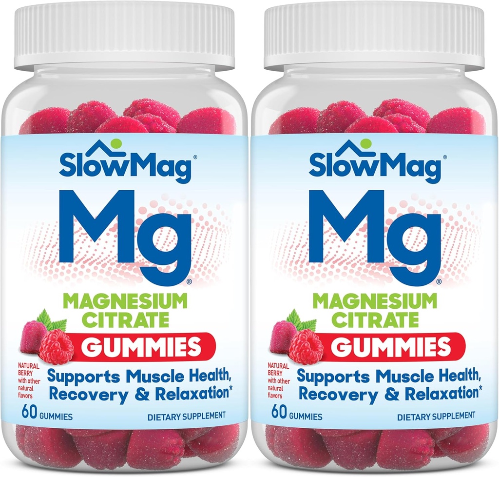 SlowMag Magnesium Citrate Gummies, 60 greve, støtter muskel helse, naturlig berry flavor, gjenoppretting og avslapping pakke med 2