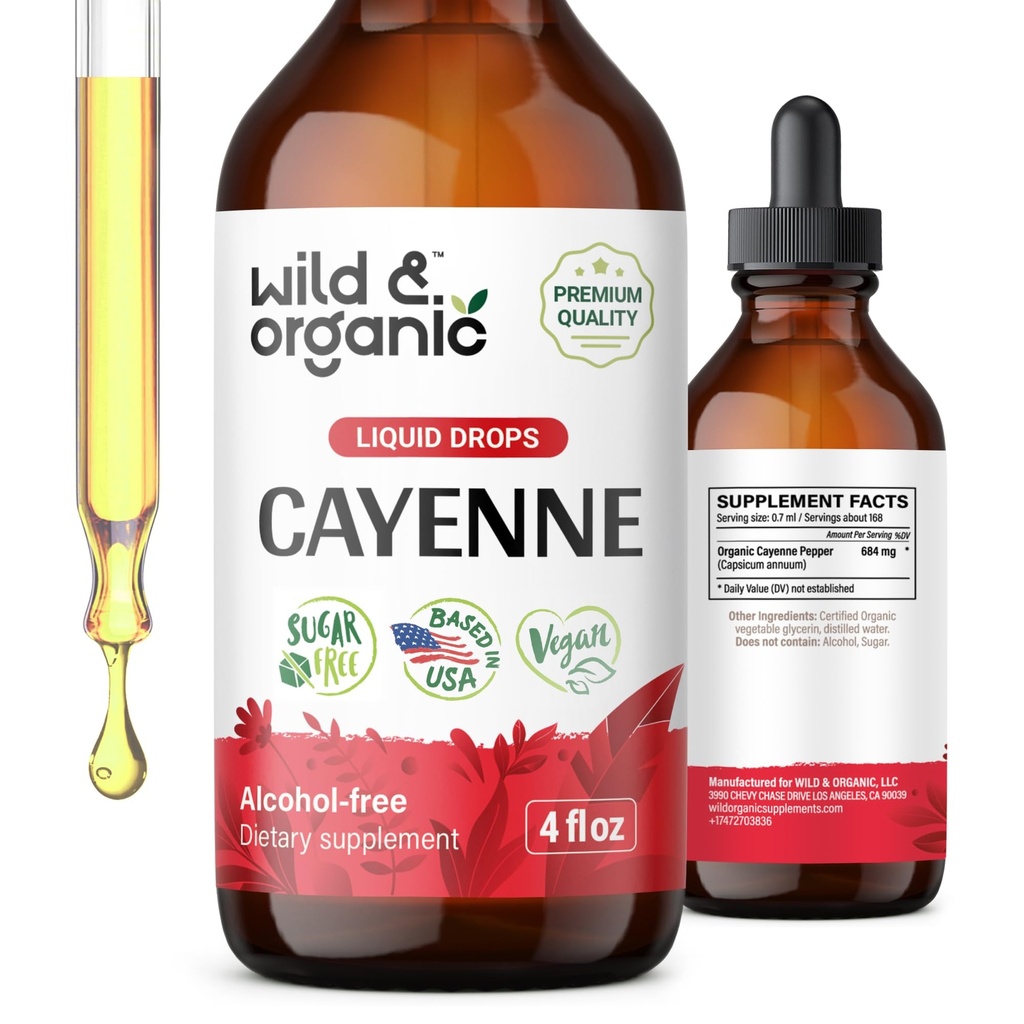 Wild & Organic Cayenne Pepper Tinktur - Digestiv støtte med Capsaicin ekstrakt - Cayenne Pepper flytende dråper for total velvære - Vegansk, sukker og alkohol-fri - 4 fl oz