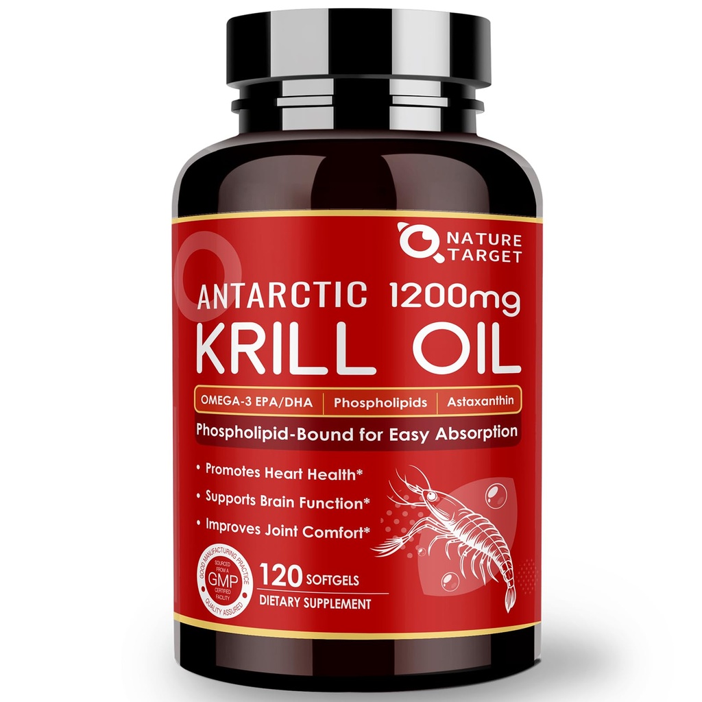 NATURE TARGET krill olje 1200 mg med Omega-3 EPA & DHA med Astaxanthin, Fosfolipider & Choline - Støtter hjerte, hjerne, bli med helse, ikke-GMO, Glutenfri, 120 Softgels (60 serveringer)