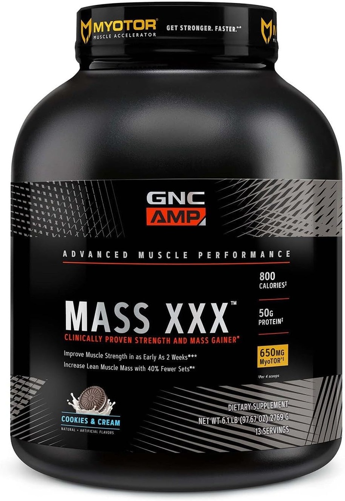 GNC AMP Mass XXX, klinisk bevist vekt gevinster protein pulver, forbedrer styrke, størrelse, 780 kalorier, 50g protein, mikroniserte aminosyrer, kreatin, Betain, cookies og krem, 13 serveringer, 6 SVG