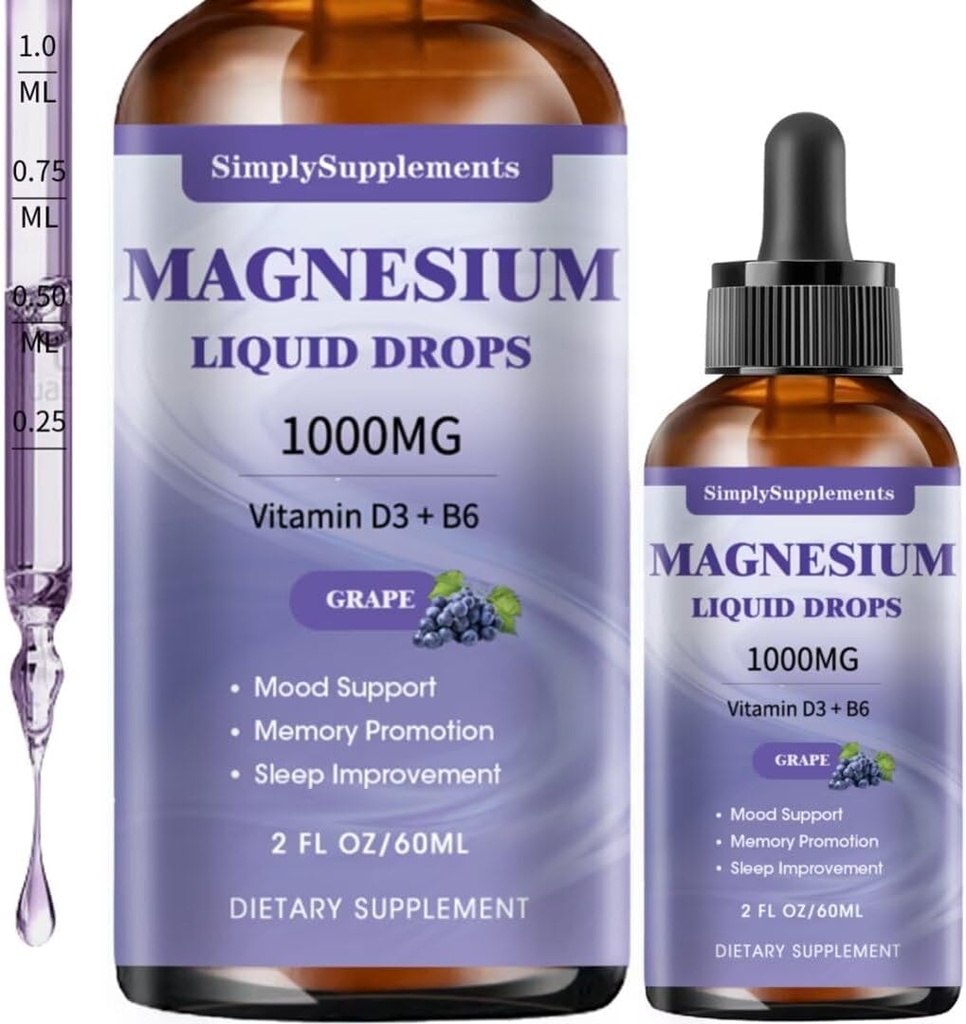 Triple Magnesium Complex flytende dråper, 1000 mg Magnesium Glycinate Drops, Taurate & Citrat med L-theanin, vitamin D3 & B6 for søvn og muskel støtte, Calm Magnesium, Grape Flavor, 2 Fl OZ