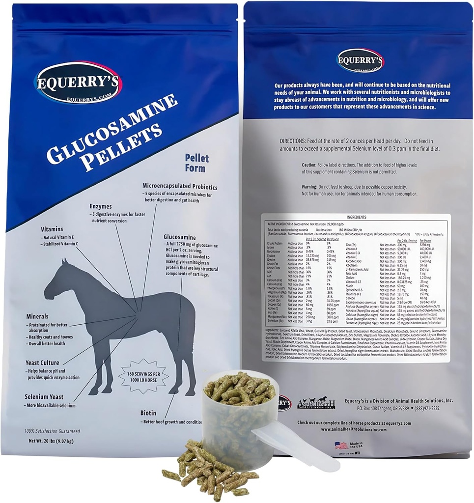 Equerry's Glucosamine Pellets - Felles støtte for hester med probiotika, digestive enzymer, vitaminer og mineraler - laget i USA - 20lb