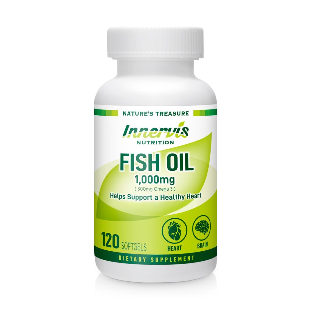 Fiskeolje 1000mg – hjerte, hjerne og øye støtte med Omega-3 EPA & DHA, 120 Softgels, ikke-GMO ® Innervis ernæring