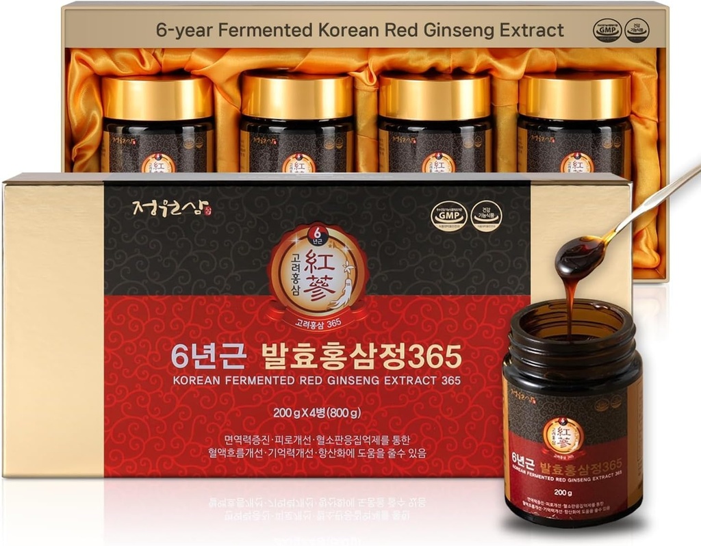 6-års fermentert koreansk rød ginseng ekstrakt | 4X 200g flasker | 9,6 mg ginsenosider per 15g | Energi, fokus, tretthet, immunstøtte | Herbal Supplement for menn og kvinner
