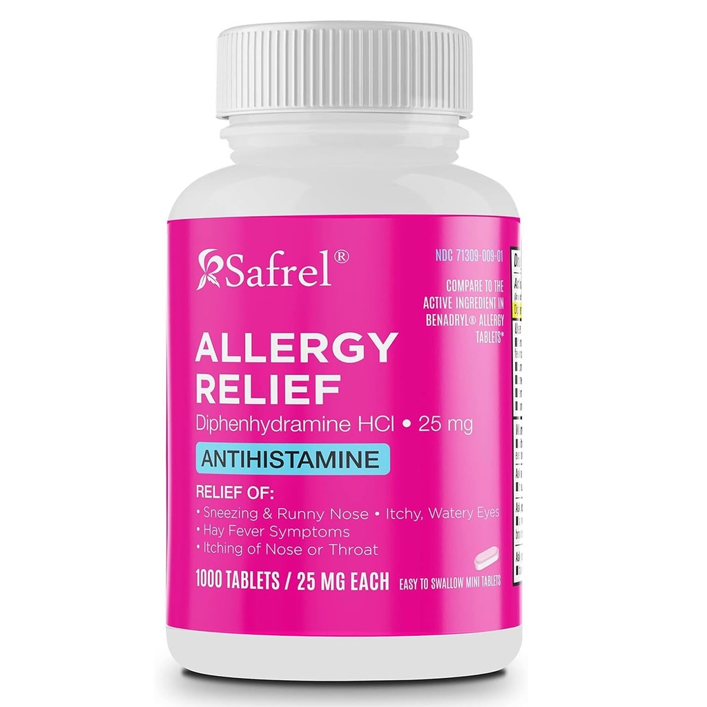 Safrel Allergi Relief Medisin Diphenhydramine HCl Caplets 25 mg (1000 greve), Antihistaminer Sneezing, Runny Nese, Hay Feber, kløende øyne og Throat, sesongell innendørs og utendørs Allergi piller