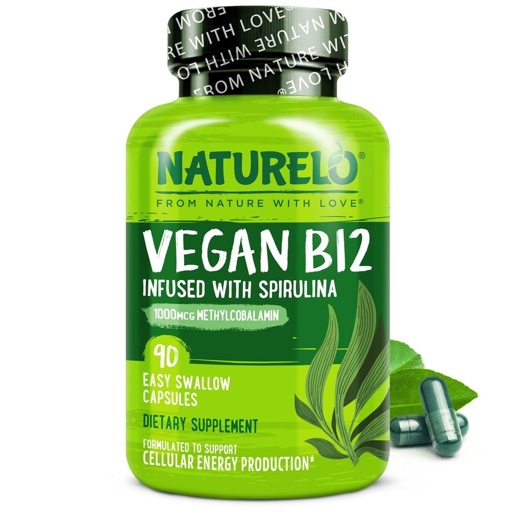NATURELO Vegan B12 - Metyl B12 med organisk spirulina - høy potens Vitamin B12 1000 mhg Metylcobalamin - støtter sunn humør, energi, hjerte og øye helse - 90 kapsler