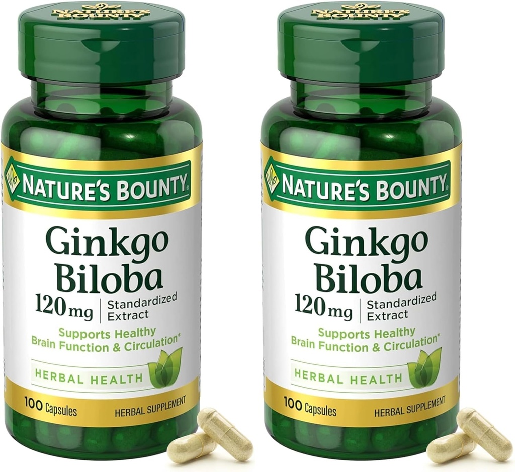 Naturens Bounty Ginkgo Biloba Standardisert Ekstrakt 120 mg, Herbal flasker, Kapsel, 100 greve, Pakke med 2
