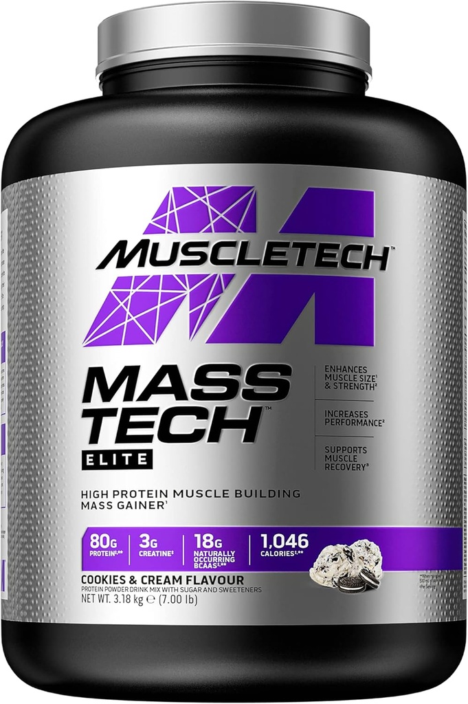 Mass Gainer Protein Pudder MuscleTech Mass-Tech Mass Gainer Whey Protein Powder + Muscle Builder Protein Powder Kreatin Kosttilskudd Cookies og Krem, 7 lbs (Package May Vary)