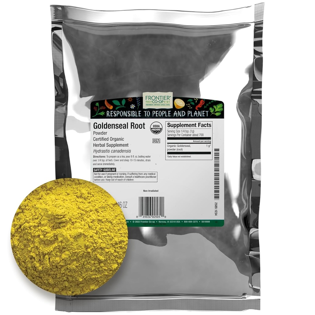 Frontier Co-op Organic Goldenseal Root Powder, 1/4 lb - Earthy, Bitter Herbal Root med lyse gul farge for te og tinktur oppskrifter - 4 oz