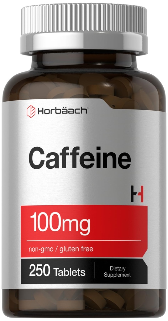 Horbäach Koffeinpiller 100 mg | 250 tabletter | Vegetarisk formel | Ikke-GMO, Glutenfri Supplement