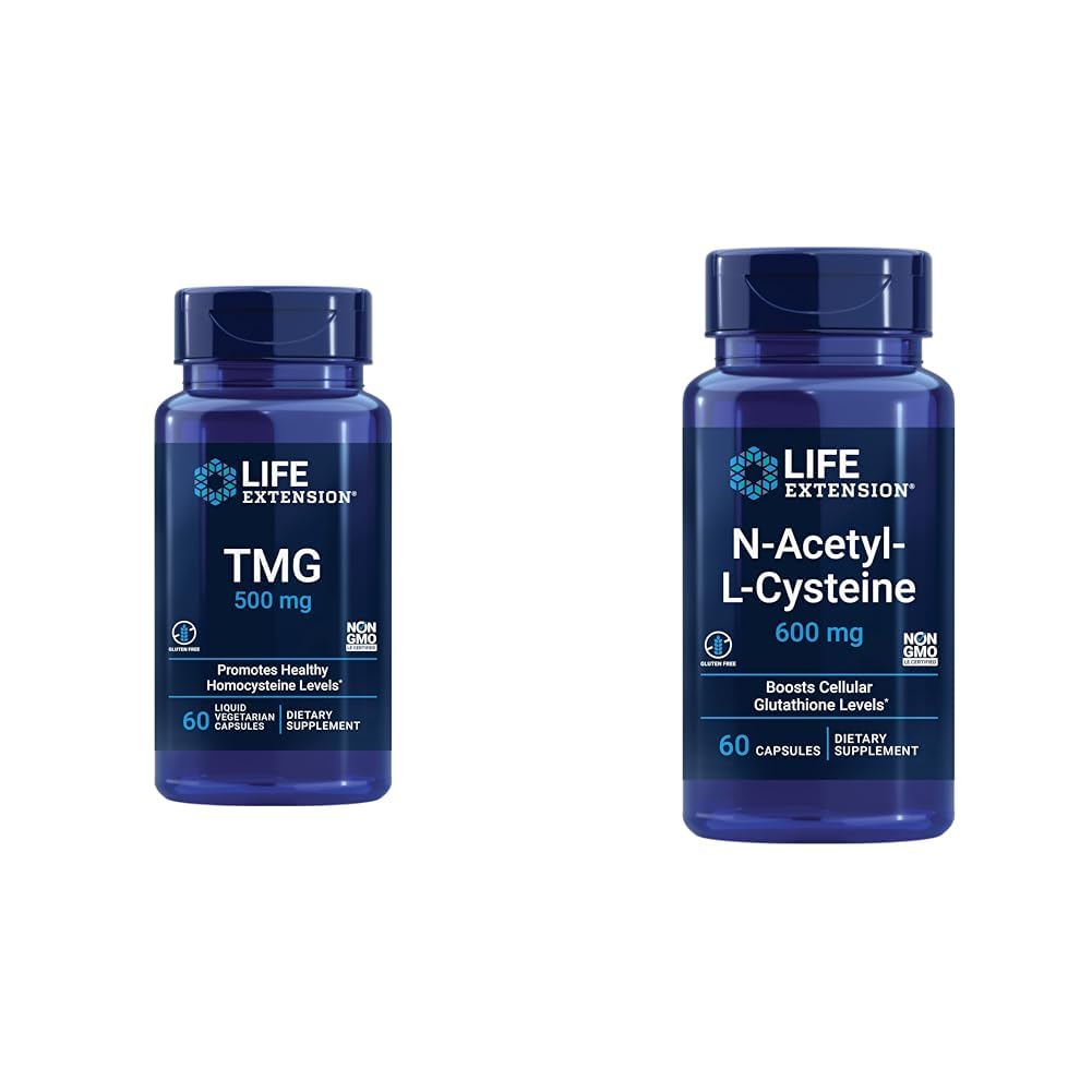 Livsforlengelse TMG 500 mg - Trimetylglycin Supplement - oppmuntrer sunne Homocysteinnivå og N-Acetyl-L-Cystein (NAC), immunforsvar, respirasjon, leverhelse, NAC 600 mg