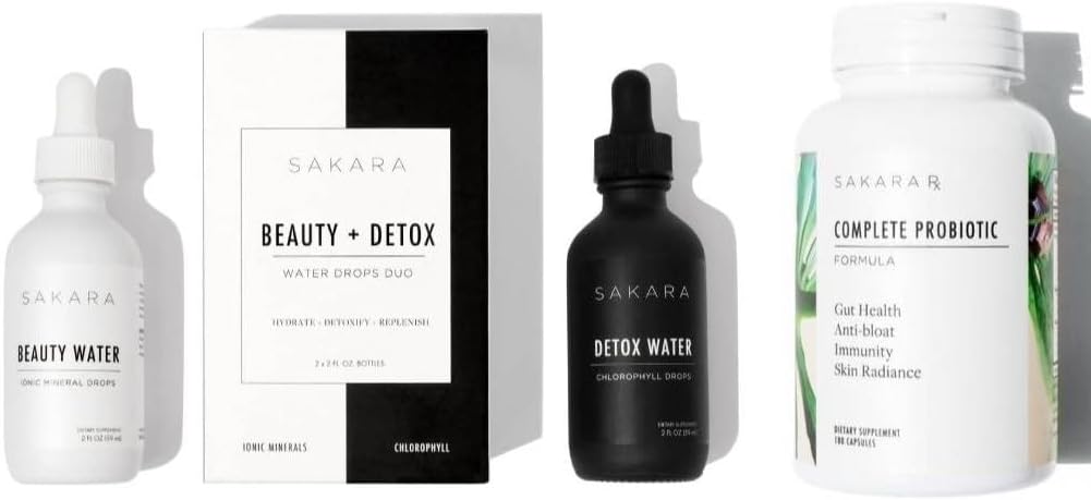 Sakara skjønnhet vann + Detox vanndråper og komplette probiotika - Trace Mineral Drops & Klorofyll flytende dråper, Probiotika for kvinner Digestive helse