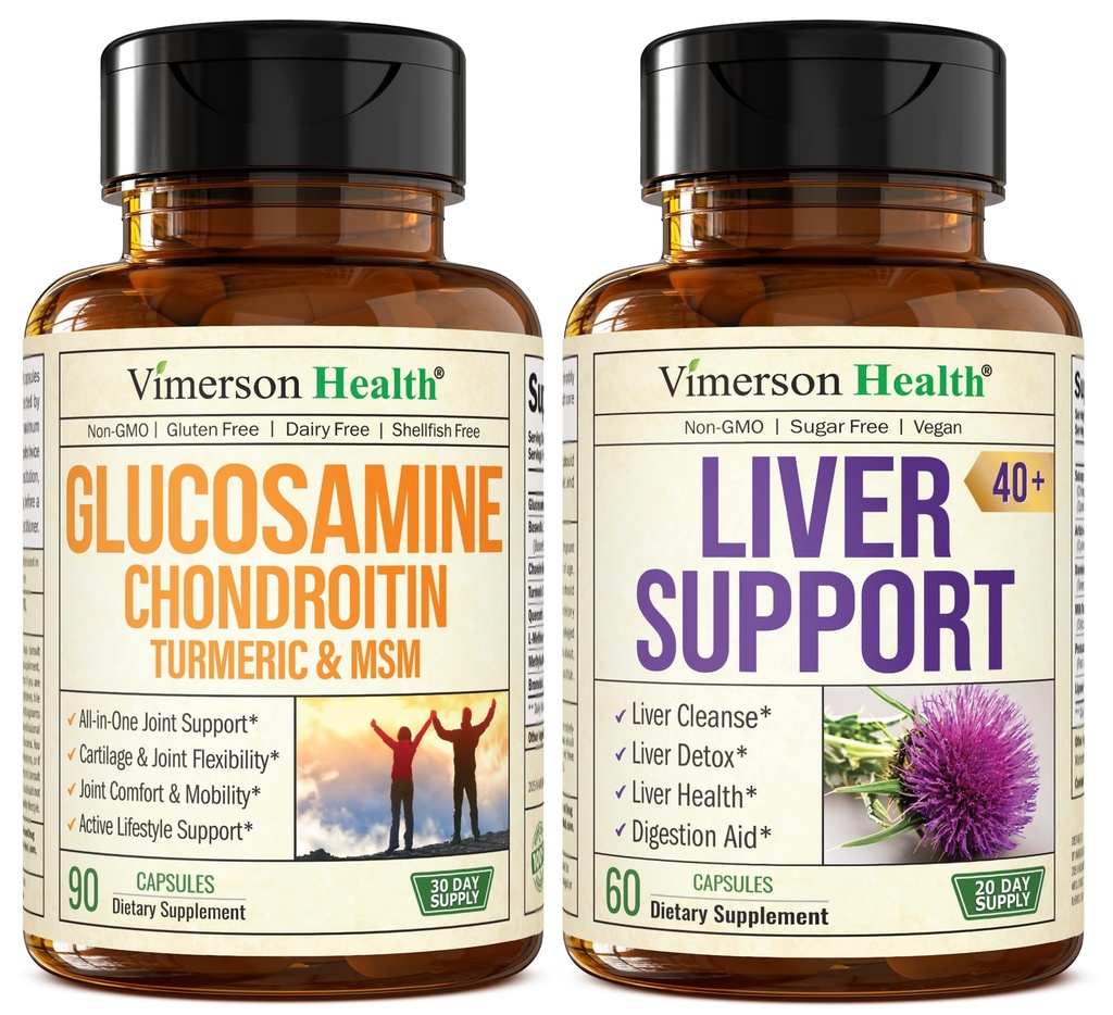 Glucosamine Chondroitin MSM med gurkemeie Boswellia & Liver Cleanse Detox & Repair 40+ Liver Supplement med 50% Silymarin Melk Thistle ekstrakt for felles og lever støtte