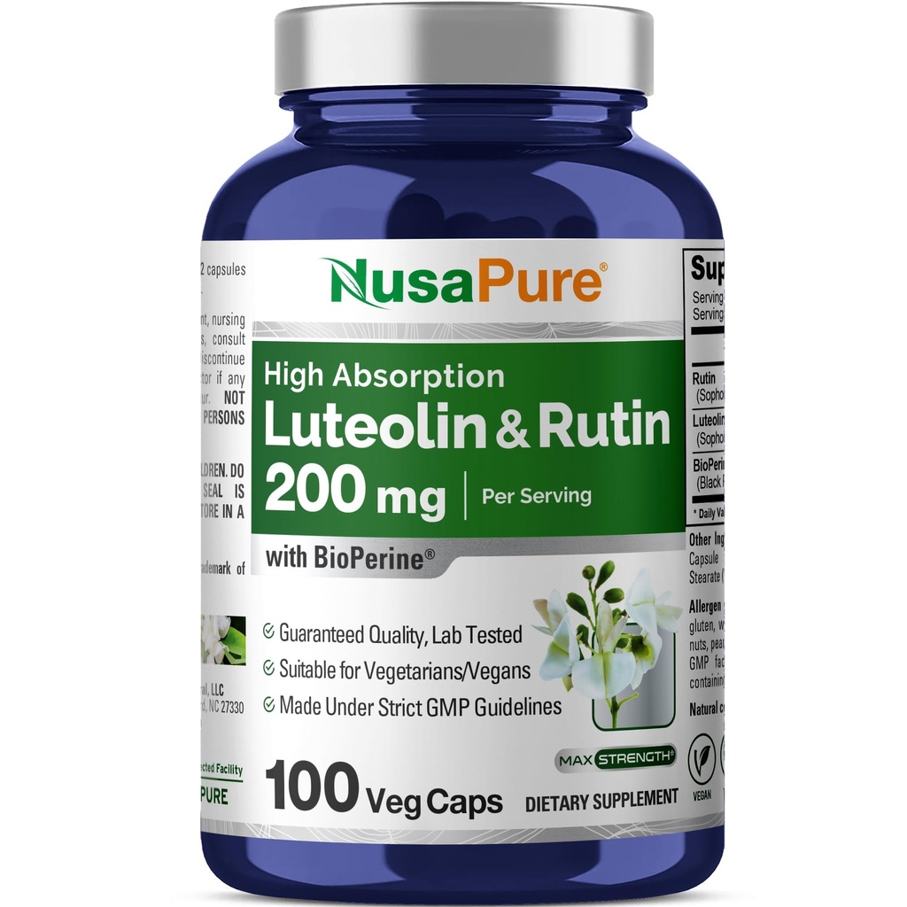 NusaPure Luteolin Complex med Rutin 200 mg | 100 kapsler | Vegetarisk, ikke-GMO & Vegansk Flavonoid formel