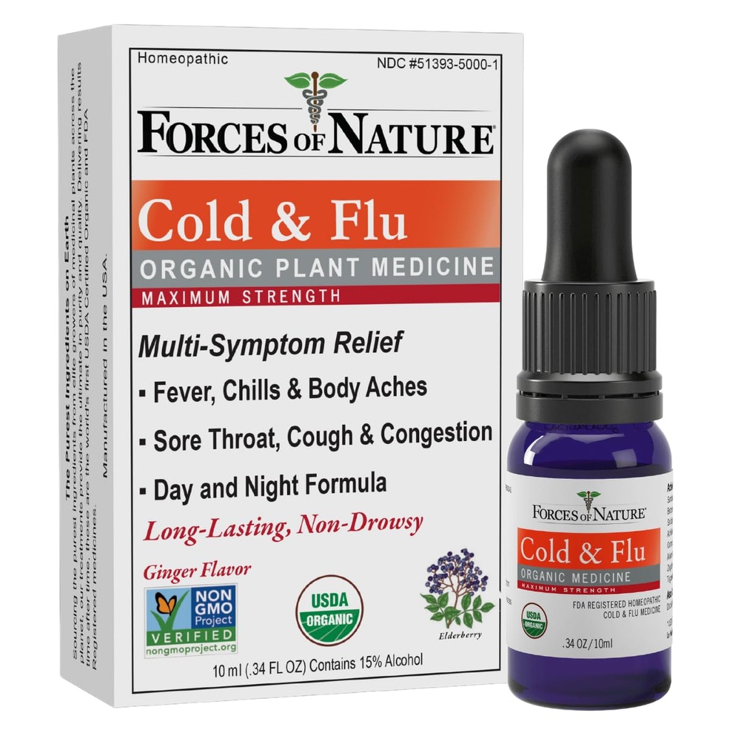 Forces of Nature Cold & Cough Relief, Økologisk Homøopatisk medisin for Cough, Congestion, Kroppssmerter, hodepine, Chills & tretthet, Maksimal styrke, Ikke-Drowsy Formula, 10ml (0,34 fl oz)