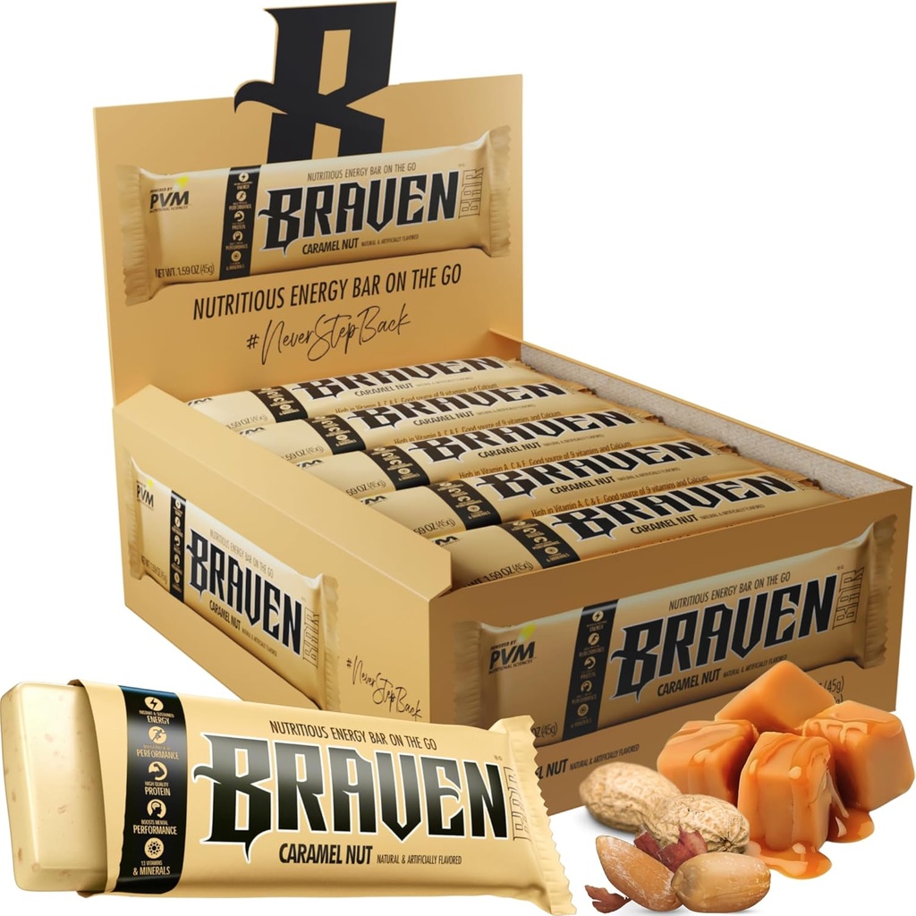Braven Bar Caramel Nut Energi Bars (1,59 oz, pakke på 20) – Energi Chews med 5g Protein – On-the-Go Energi Snacks for løping, fotturer og idrett - Glutenfri Snacks for responderbar energi Boost