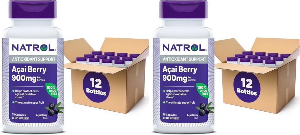 Natrol Acai Berry, Diett Supplement, Antioksidant Beskyttelse & Forsvar, Den ultimate super frukt, 1000 mg Veggie Capsules, 75 Count (Pack of 24)