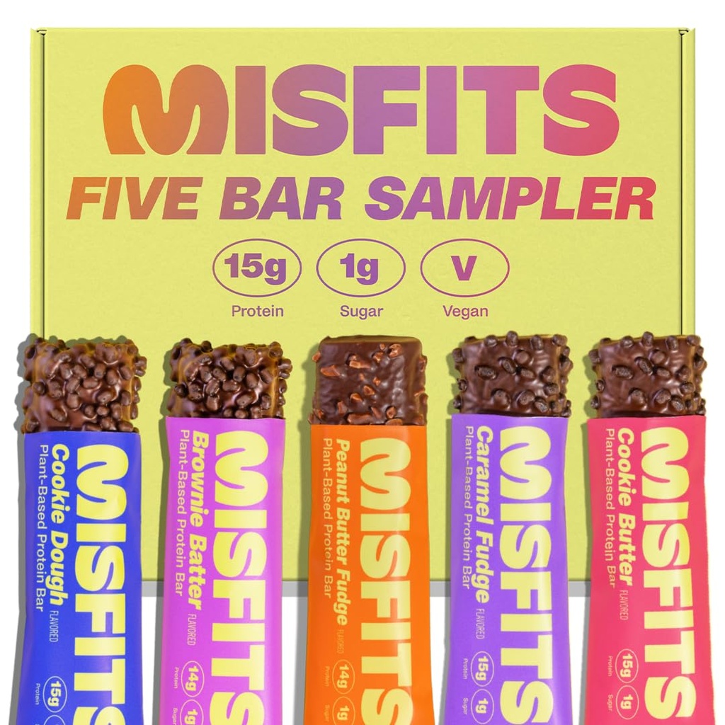 Misfits Vegansk Protein Bars - Oppdatert oppskrift | Plant Basert, Lav Sukker & Carb, Høy Fiber Snacks | Variety prøve pakke for å prøve flavors | Pack av 5 (1 av hver flavor)