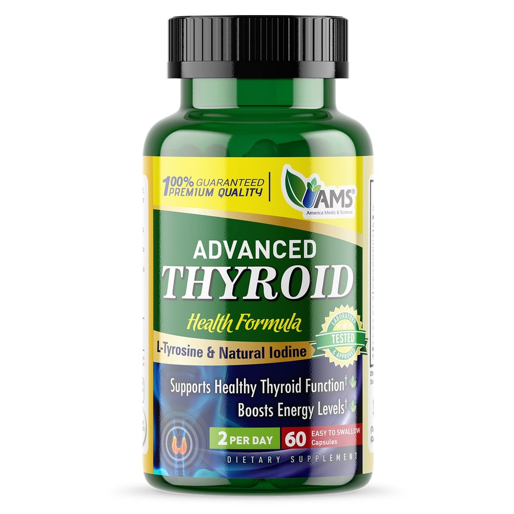 America Medic & Science Avansert Thyroid (60 kapsler) | Thyroid støtte for menn og kvinner | Mood og energi Booster Supplement | med naturlig Ashwagandha, jodin, selen og vitamin B12