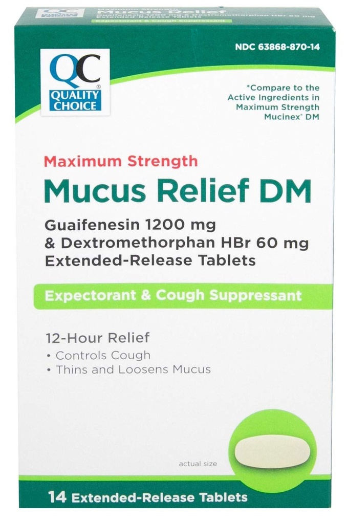 Kvalitetsvalg Maksimal styrke Mucus Relief DM, Cough Suppressant og Forventerant, 12 timers relief, Guaifenesin 1200 mg og Dextromethorphan HBr 60 mg Utvidede releasetabletter, 14 teller