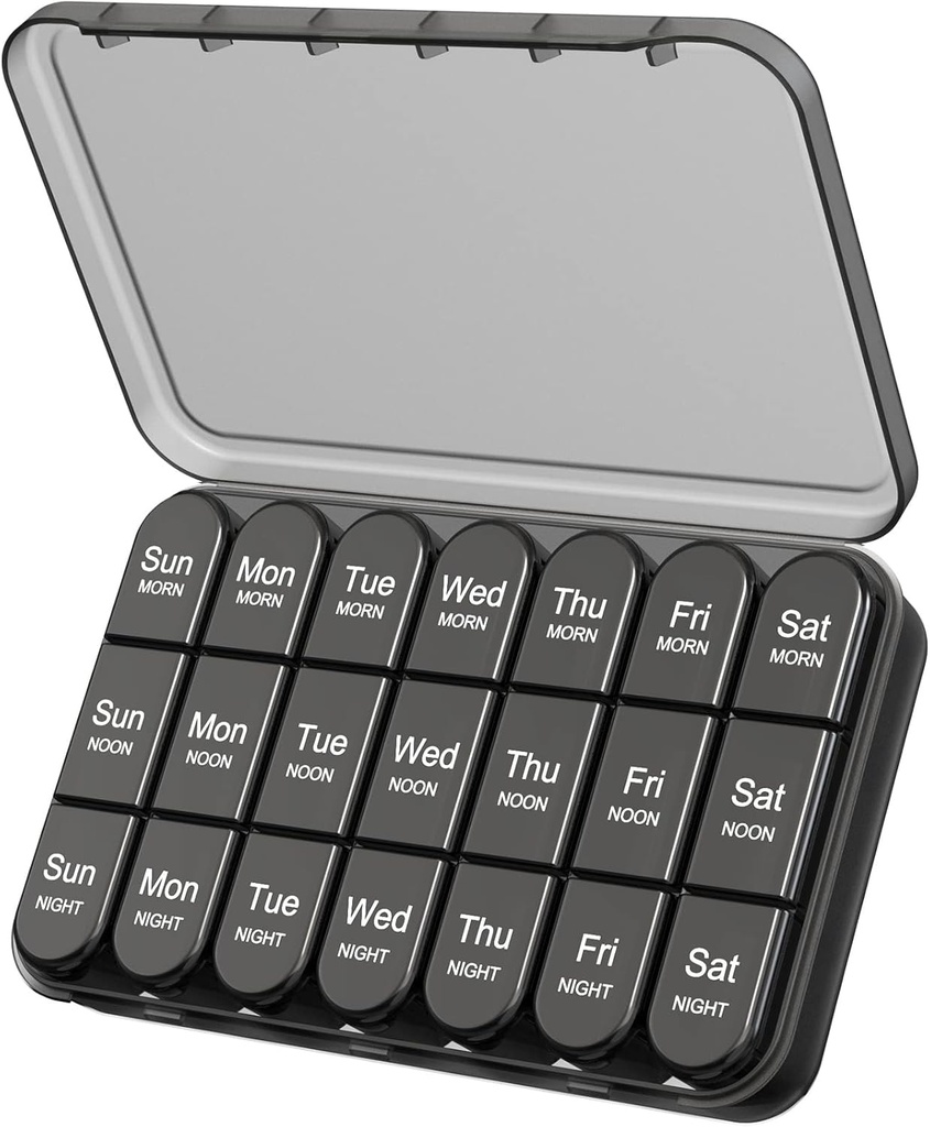 Daviky Pill Organizer 3X om dagen, ukentlig Pill Box 7 dag, Reisepille tilfelle med store beholdere, lys-proof piller tilfelle for vitaminer, medisinering, kosttilskudd og fiskeoljer (svart)