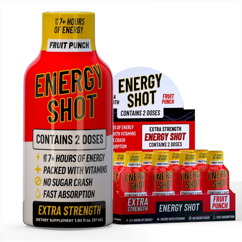 Frukt Punch Extra Styrke Energi Shot 12 pk – 260mg Naturlig Koffein B12 B6 – Energi og fokus Støtte – 2 Serveringer Sukkerfri Zero Calorie Grønn Te B-vitaminer Electrolytes Vegan – 1,93 fl oz