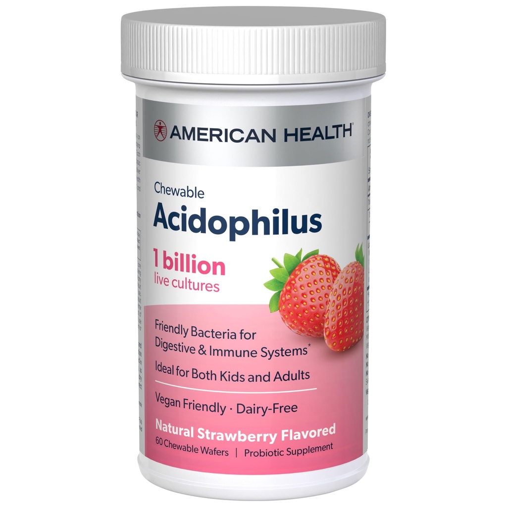 AMERIKAN Helse Daglig Chewable Tablet Acidophilus, 1 milliard levende kulturer, Benefitielle bakterier for Digestive & Immune Systems, Jordbær, 60 greve