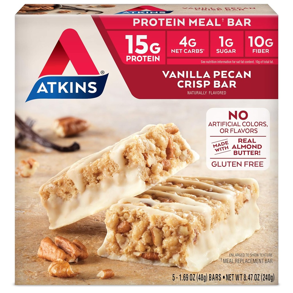 Atkins Vanilla Pecan Crisp Protein Måltid Bar, Høy Fiber, 1g Sukker, 4g Net Carb Måltid Erstatning, Keto Vennlig, 5 greve